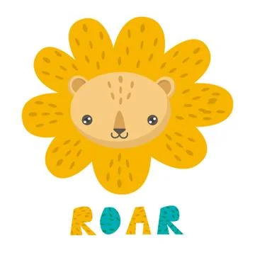 Hand drawn vector cute kawaii cartoon funny lion Illustrazione stock