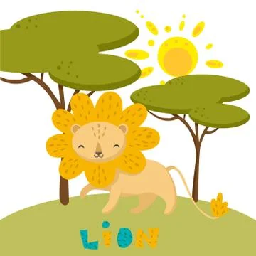 Hand drawn vector of a cute lion in nature. Stock Illustration
