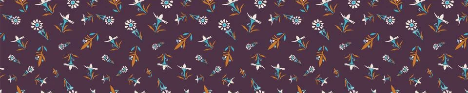 Hand drawn vector daisy summer bloom banner. Floral motif seamless border Stock Illustration