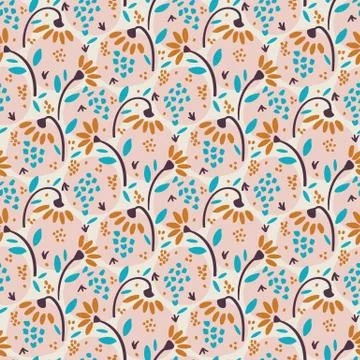 Hand Drawn Vector Daisy Summer Bloom Floral Motif Seamless Pattern. Pretty Stock Illustration