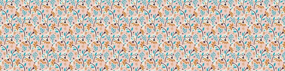 Hand drawn vector daisy summer bloom banner. Floral motif seamless border Stock Illustration
