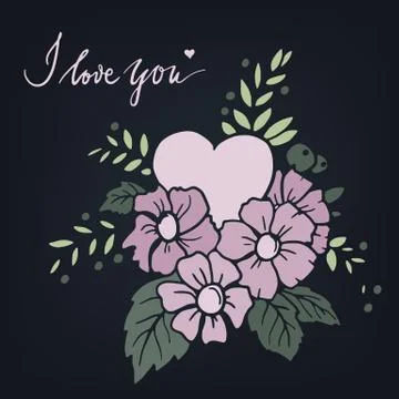 Hand drawn vector design element with heart, flowers, leaves and decorative Illustration