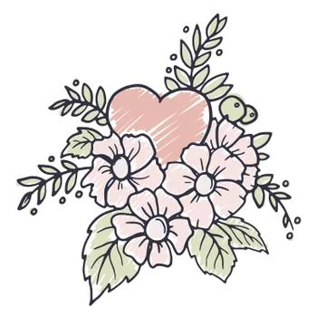 Hand drawn vector design element with heart, flowers, leaves and decorative Stock Illustration