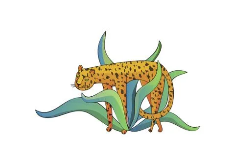 Hand drawn vector design of leopard and tropical leaves with gradients. Large Stock Illustration