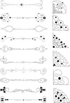Hand drawn vector dividers. Lines, borders and laurels set. Doodle design ele Illustrazione stock