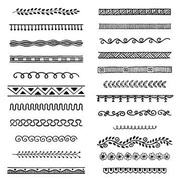 Hand drawn vector dividers, lines, borders and laurels set, doodle design e.. イラスト素材