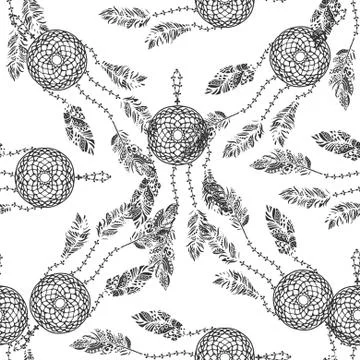 Hand drawn vector doodle black dream catcher with feathers seamless pattern set Stock Illustration