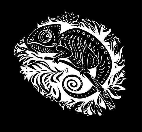 Hand Drawn Vector Doodle Chameleon Stylized Black and White om black. Stock Illustration