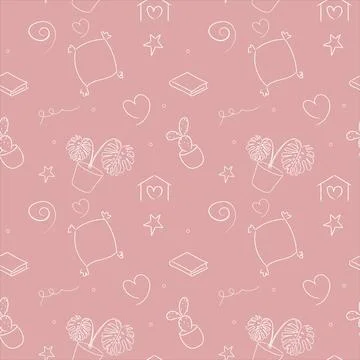 Hand-drawn vector doodle cozy home. Painted: monster, cactus, pillow, heart. Stock Illustration