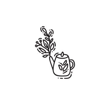 Hand drawn vector doodle illustration of tea kettle with branch. Teapot icon  Ilustración de archivo