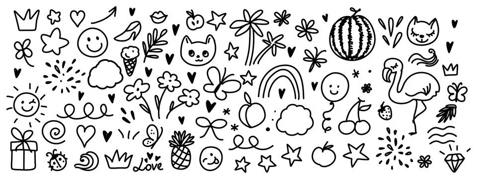 Hand drawn vector doodle summer icon set. Smile, ice cream, watermelon, hea.. Stock Illustration