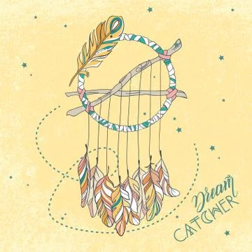 Hand drawn Vector Dreamcatcher. T-shirts print or tattoo Illustrazione stock