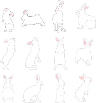 Hand-drawn vector Easter running, looking up and sitting in various poses. Stock Illustration