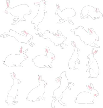 Hand-drawn vector Easter running, looking up and sitting in various poses. rabbi Stock Illustration