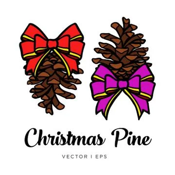 Hand drawn vector editable pine cone with a red and ribbon bow, simple illust Stock Illustration