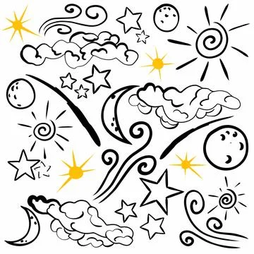 Hand Drawn vector elements moon, stars, clouds. Illustrazione stock