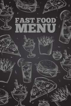 Hand drawn vector fast food on chalkboard in vintage style elements for 스톡 일러스트