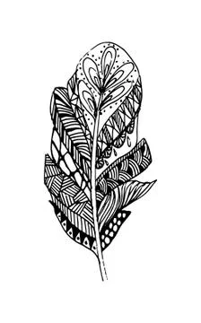 Hand drawn vector feathers in boho style. Isolated on white background. Stock Illustration