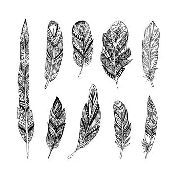 Hand drawn vector feathers in boho style. Isolated on white background. Stock Illustration