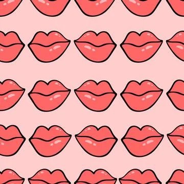 Hand drawn vector female lips seamless vector pattern. Highlight lips in doodle Stock Illustration