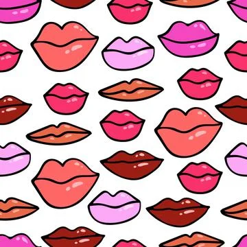 Hand drawn vector female lips of different shapes seamless vector pattern Stock Illustration