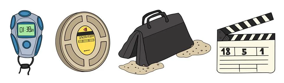 Hand drawn vector filmmaking set with director's clapperboard, f Stock Illustration