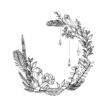 Hand drawn vector floral frame with leaves, flowers, feathers and gems. Sketc Stock Illustration