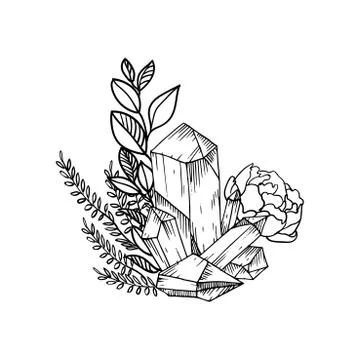 Hand drawn vector floral frame with leaves, flowers, feathers and gems. Sketc Stock Illustration