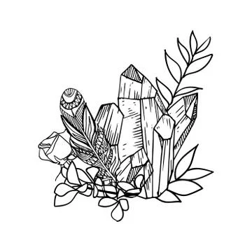 Hand drawn vector floral frame with leaves, flowers, feathers and gems. Sketc Stock Illustration