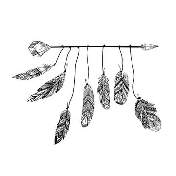 Hand drawn vector floral frame with leaves, flowers, feathers and gems. Sketc Stock Illustration