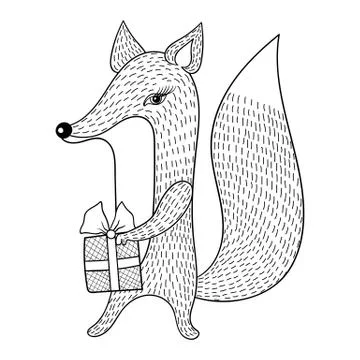 Hand drawn vector Fox with gift. Doodle zentangle style. Child i 스톡 일러스트