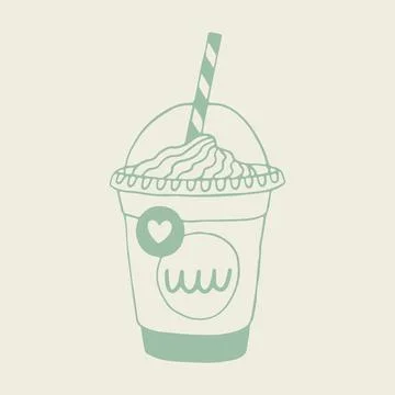 Hand drawn vector of a frappe coffee in a takeaway cup with whipped cream and a Stock Illustration