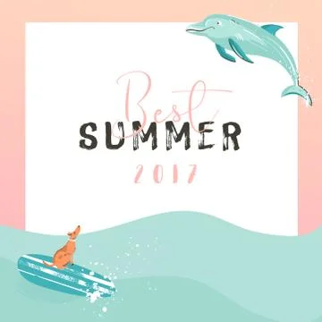 Hand drawn vector funny summer time illustration poster with surfer dog on Stock Illustration