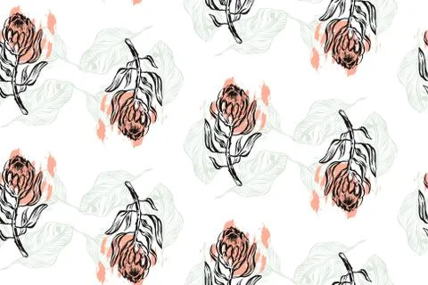 Hand drawn vector graphic abstract textured seamless pattern with protea. Floral Stock Illustration