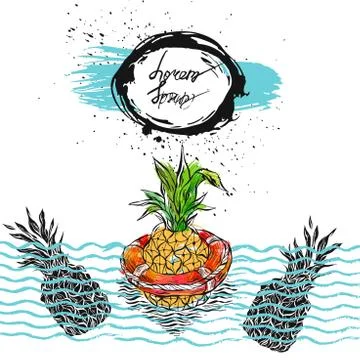 Hand drawn vector graphic abstract illustration of pineapple floating in Stockillustratie