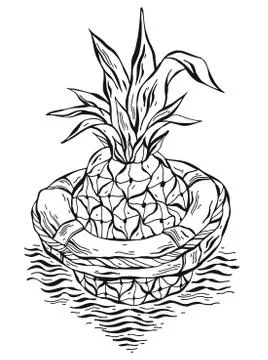 Hand drawn vector graphic illustration of pineapple floating in lifebuoy in Stockillustratie