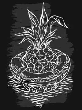 Hand drawn vector graphic illustration of pineapple floating in lifebuoy in Stockillustratie