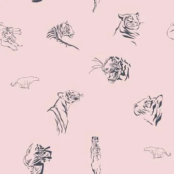 Hand drawn vector graphic line art seamless pattern with sketch tigers and wild 스톡 일러스트