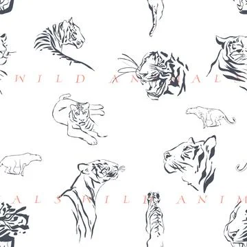 Hand drawn vector graphic line art seamless pattern with sketch tigers and wild Stock Illustration