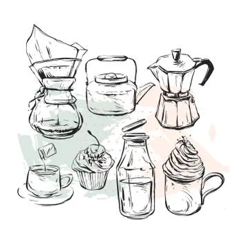 Hand drawn vector graphic realistic set with coffee design elements coffee maker Stock Illustration