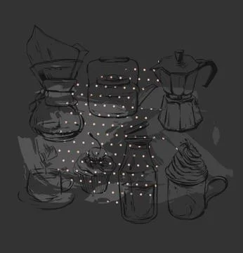 Hand drawn vector graphic realistic set with coffee design elements coffee maker Stock Illustration