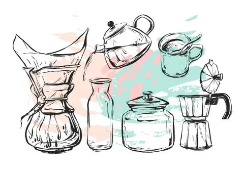 Hand drawn vector graphic realistic set with coffee design elements coffee maker Stock Illustration
