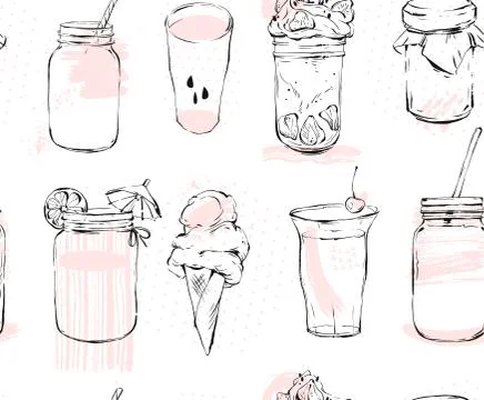 Hand drawn vector graphic seamless pattern with ice cream,glass jar,smoothie Stock Illustration