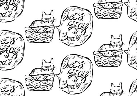 Hand drawn vector graphic seamless pattern of cat in pottle with speech bubble Stockillustratie
