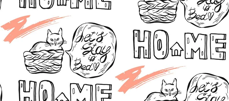 Hand drawn vector graphic seamless pattern of cat in pottle with speech bubble Stock Illustration