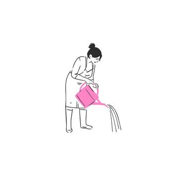 Hand drawn vector graphic sketch line illustration with woman is watering with Ilustración de archivo