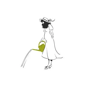 Hand drawn vector graphic sketch line illustration with woman is watering with Ilustración de archivo