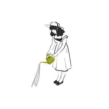Hand drawn vector graphic sketch line illustration with woman is watering with Ilustración de archivo