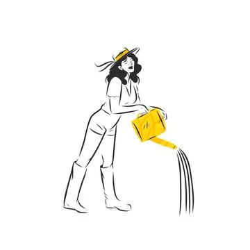 Hand drawn vector graphic sketch line illustration with woman is watering with Ilustración de archivo