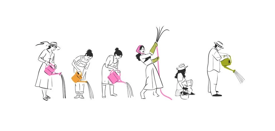 Hand drawn vector graphic sketch line illustration set with various people Stock Illustration